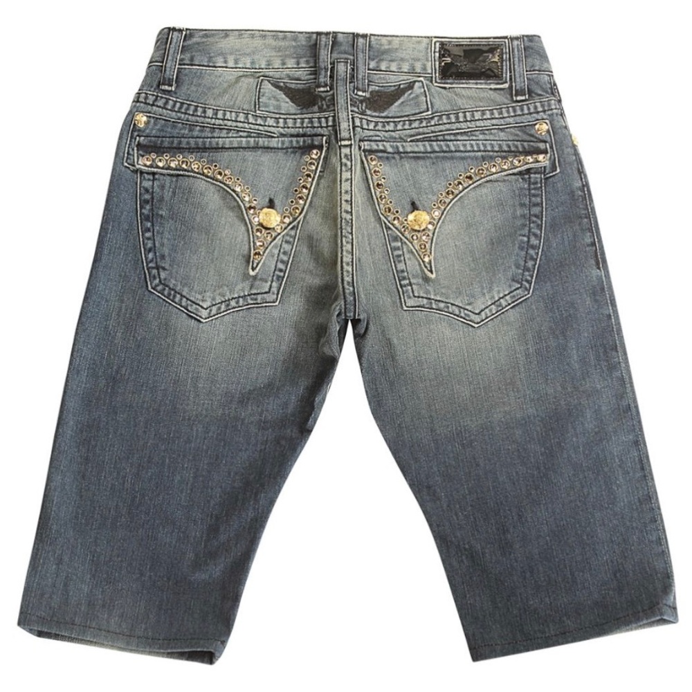 Authentic robins Jean LONG FLAP SHORTS W CRYSTALS VINTAGE BLUE men 32 brand new